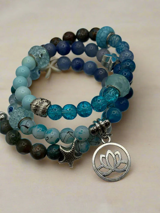 Blue Agate & Blue Aventurine Memory Wire Bracelet | Krylo Crystal Creations